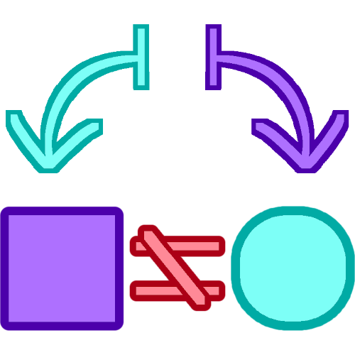 A purple square and blue circle sit next to each other with a red does not equal sign between them. Above the purple square is a curved blue arrow, and above the blue circle is a curved purple arrow. The arrows are in line with each other and have vertical lines at their ends, creating a distinctive empty space between the arrows.